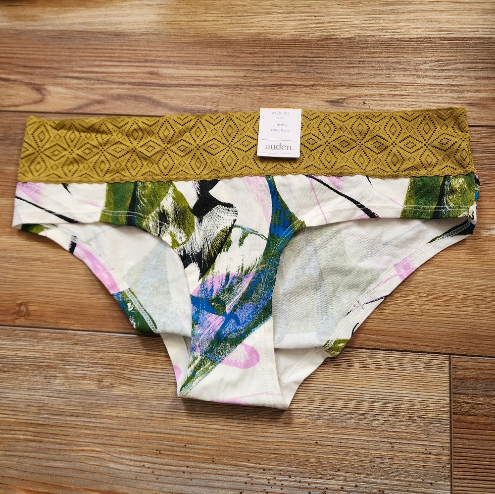 Auden Panties Womens M Green Lace Trim Cotton Floral Cheeky NEW